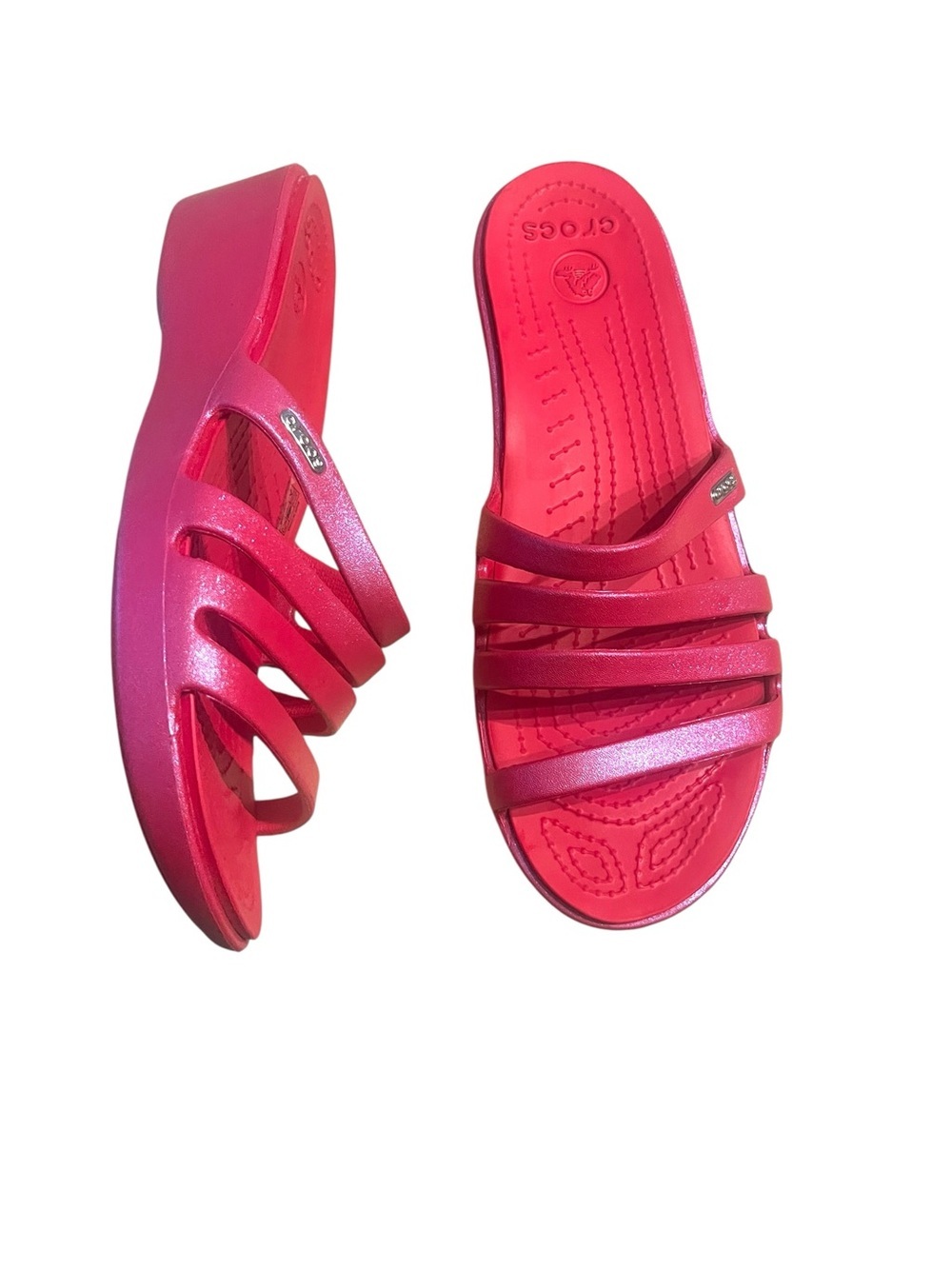 CROCS Rhonda Shimmery Hot Pink Multi-Strap Slide Sandals Sz 10